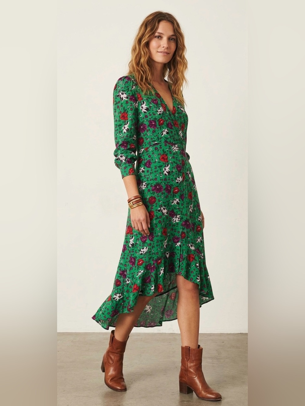 ba&sh Green Floral Midi Dress High Low Ruffle V-Neck NWT Size 6